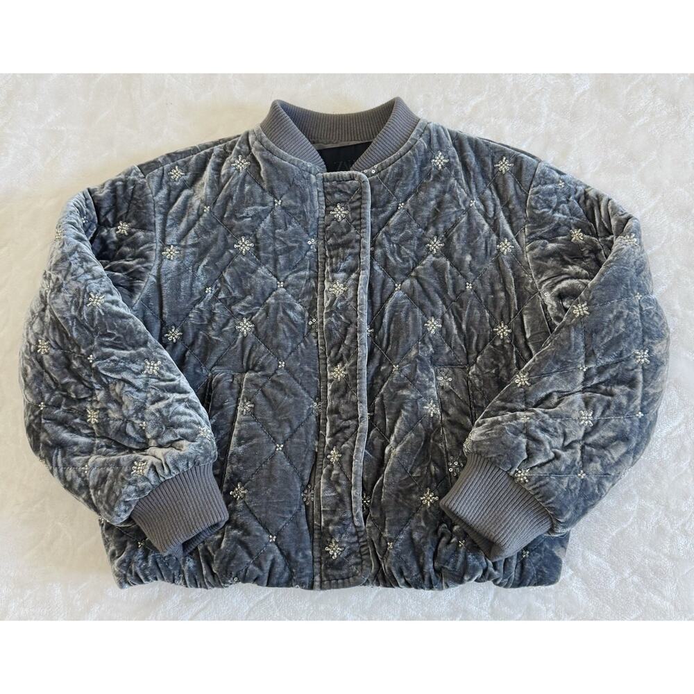 Zara Girls Size 8-9 Years Full-Zip Gray Velvet Quilted Beaded Embellished Jacket